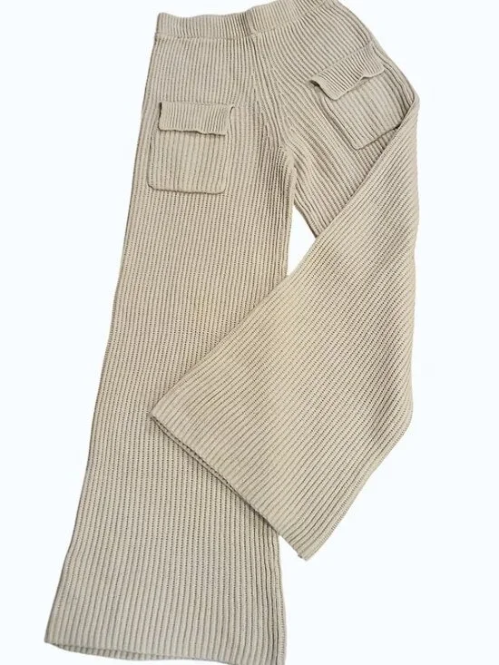 NASTY GAL Camel Ribbed Knit High Waist Wide Leg Pull on Pants - Picture 2 of 10